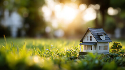 Mini house model on spring grass heavily defocused background real estate investment and financial management concept illustration property planning visualization with copy