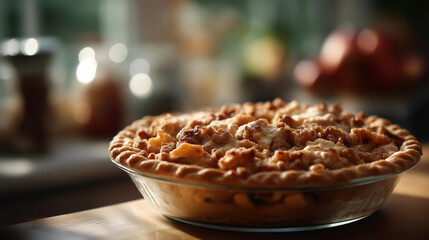Cooling apple pie by kitchen window at dusk heavily defocused background comforting aromas visualization home baking atmosphere domestic culinary comfort with copy space