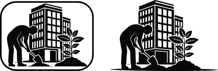 Construction worker digging ground with shovel near modern building and plant, labor and ecology concept, cad drawing flat vector illustration © AtikurRahman