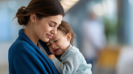 Fototapeta premium Faceless mother holding and comforting crying toddler baby heavily defocused background anonymous parent with healthcare and care maternal support and nurturing with copy space
