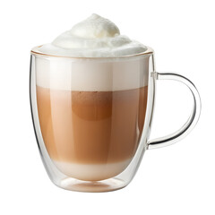 A frothy cappuccino coffee in a transparent glass mug with a handle and topped with whipped cream isolated on a transparent background