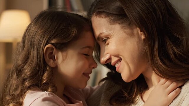 Loving Mother and Young Daughter Sharing a Tender Moment Touching Foreheads