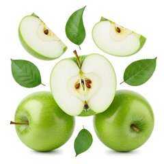 Green Apples with Leaves and Slices