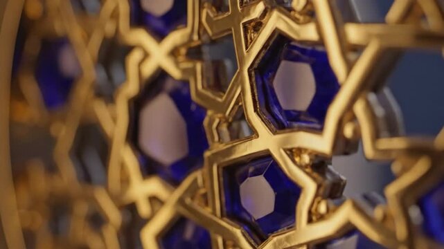 Close-up of luxury gold Islamic geometric pattern with blue crystal inserts, featuring intricate craftsmanship and elegant bokeh for premium backgrounds