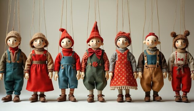 Group of seven handcrafted fabric puppets with painted faces stand in row. Dressed in colorful overalls, hats, appear like characters from fairy tale. Puppet hangs from thin strings against neutral