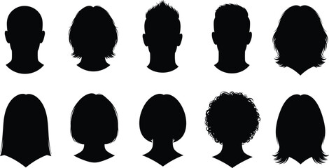Collection of black silhouettes of diverse human heads with different hairstyles isolated on white background for social media user icons.