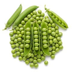 Fresh Peas in Pods and Loose Peas on White Background