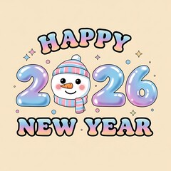 Cute Snowman Happy New Year 2026 Illustration with Pastel Colors