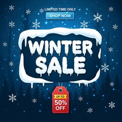 Winter Sale Forest Scene with Snow-Covered Sign and 50% Off
