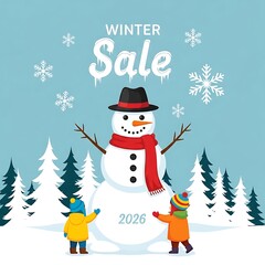 Winter Sale with Snowman and Kids Building Snowball