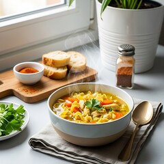 Steaming Bowl of Chicken Noodle Soup with Bread and Herbs