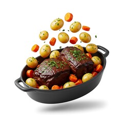 Roast Beef with Potatoes and Carrots Flying in a Pan
