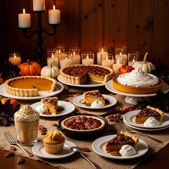 Thanksgiving Feast with Pumpkin and Pecan Pies