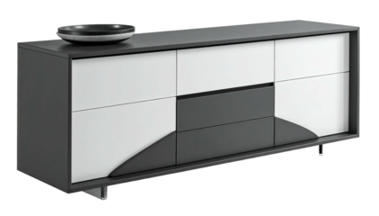 Modern sideboard with monochrome panels, bowl on top, low profile