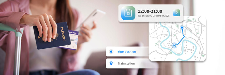 Adult Asian woman preparing travel holding passport boarding pass smartphone using digital navigation app showing route map train station destination planning journey holiday