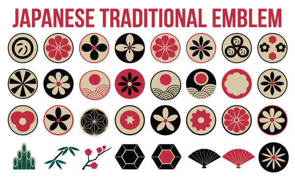 Diverse collection of Japanese traditional emblems, Mon and Kamon, featuring ancient floral crests, fans, and cultural symbols in a detailed vector illustration set.