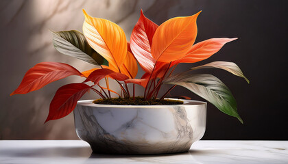 Vibrant Leaves In A Marble Pot
