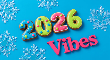 Vibrant 2026 New Year Vibes with Colorful Gingerbread Cookies and Sparkling Snowflakes on Blue