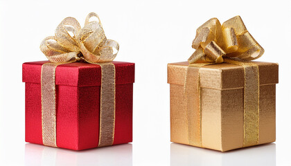 Two Glittery Gift Boxes With Golden Bows One Red And One Gold Isolated On Transparent Background