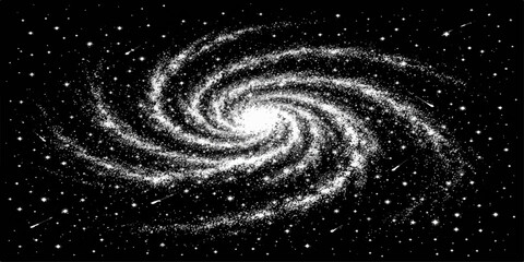 A black and white spiral galaxy in space forms a digital art wallpaper with a glowing star pattern and a swirling vortex texture across the dark night universe © Md