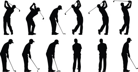 Naklejka premium Collection of black silhouettes of male golfers swinging clubs and hitting balls isolated on white background for sports and recreation.