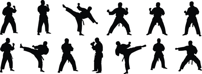 Collection of black silhouettes of martial artists practicing karate kicks and combat poses isolated on white background for sports and training.