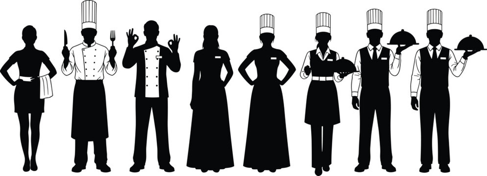 Collection of black silhouettes of professional chefs and restaurant waitstaff holding trays and kitchen tools isolated on white background for.