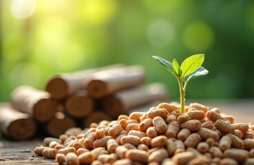 Wood pellets and tree logs with new green sprout growing from fuel. Organic biomass material for sustainable energy production. Renewable resource in nature.