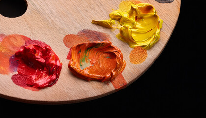 Yellow And Red Paint On Wooden Palette With Black Background And Glittering Texture
