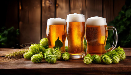 Refreshing Glasses Of Beer With Hops On Rustic Wooden Table