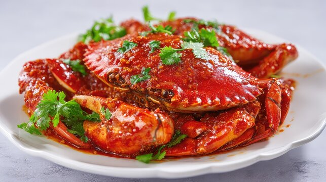 Chilli crab, whole mud crab coated in rich glossy red chilli sauce, vibrant color, garnished with fresh coriander, served on a clean white ceramic plate