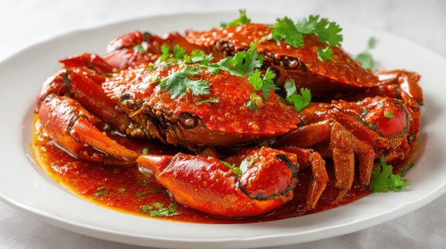 Chilli crab, whole mud crab coated in rich glossy red chilli sauce, vibrant color, garnished with fresh coriander, served on a clean white ceramic plate