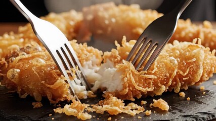 Closeup view of golden crispy deepfried seafood possibly calamari or shrimp being pulled apart by forks revealing its tender white interior served on a dark slate plate highlighting the delicious tex. - Powered by Adobe