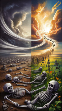 Breath of Life spiritual resurrection from valley of dry bones to living crowd, dramatic sky storm to light, hope and renewal