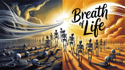 Breath of Life concept art with skeletons rising from valley of dry bones, dramatic light, hope, resurrection and spiritual renewal