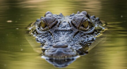 Obraz premium Caiman Head Emerges from Murky Water, Close-Up View of Reptile in Natural Habitat.