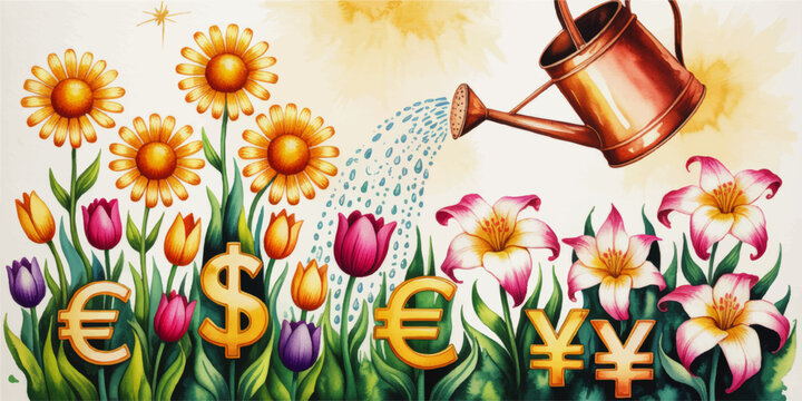 Watering money garden illustration with flowers and currency symbols, financial growth, investment nurturing, colorful economic prosperity concept