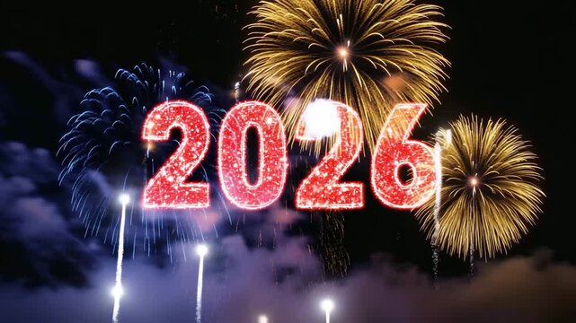Dynamic Celebration of 2026 New Year with Sparkling Fireworks Display in Cinematic Style against Black Sky Backdrop 181 Characters