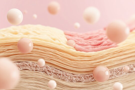Cross section of human skin layers with floating collagen molecules