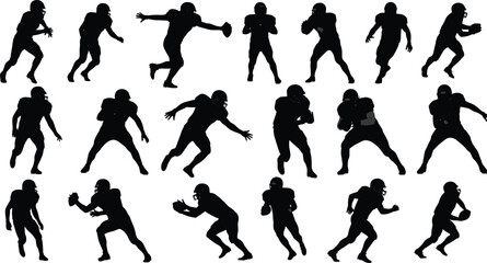 Collection of black silhouettes of American football players running and playing with ball isolated on white background for competitive sports.
