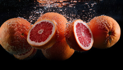 Multiple Grapefruits Submerged In Clear Liquid Create A Vibrant And Refreshing Scene Water Droplets Accentuate The Juicy Texture Against A Dark Background