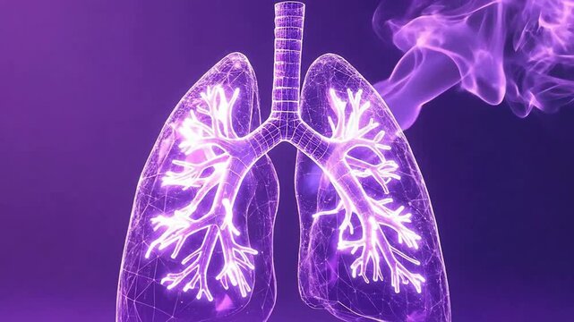 Glowing Purple Lungs Illustration On Dark Background with Smoke Effect Medical Visualization