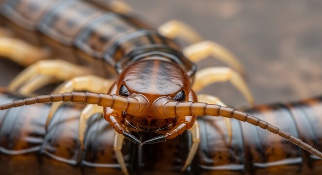Close-up of a Giant Centipede - Scolopendra subspinipes with Prominent Antennae and Segmented Body.
