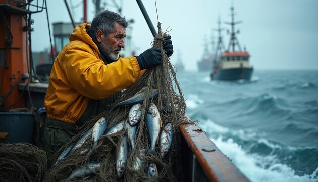 Fisherman hauls net full of fish from rough ocean waves. Gray bearded man wears yellow jacket on fishing boat. Other ships sail on overcast day.