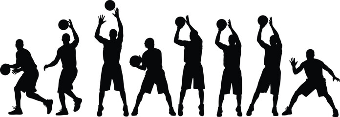 Collection of black silhouettes of basketball players dribbling shooting and playing with a ball isolated on white background for sports. © MdMoksad