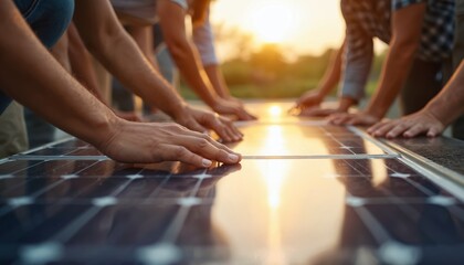 Group of people install solar panels on rooftop at sunset. Volunteers work together on clean energy project. Sunlight reflects on photovoltaic modules, teamwork for eco-friendly future.