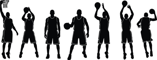Collection of black silhouettes of basketball players shooting hoops and slam dunking isolated on white background for competitive team sports. © MdMoksad