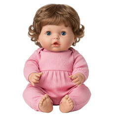 Cute realistic baby doll with brown curls wearing a pink romper, isolated on a transparent background.