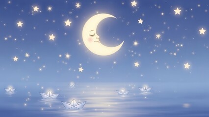 Fairytale illustration of a smiling crescent moon in a starry night sky over the sea with glowing paper boats floating on the water.