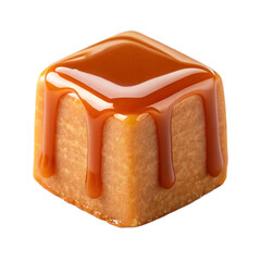 Single caramel candy cube with glossy caramel drizzle on and sides isolated on a transparent background